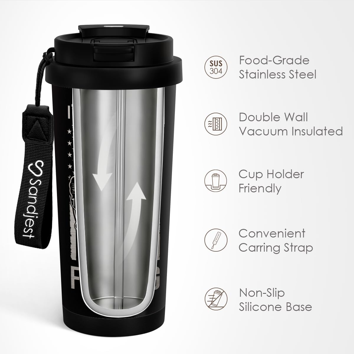 SANDJEST American Flag Tumbler - Stainless Steel 2-in-1 Lid Coffee Tumbler 18 oz, Patriotic Insulated Travel Mug Gift for Men Husband Dad, Birthday Christmas