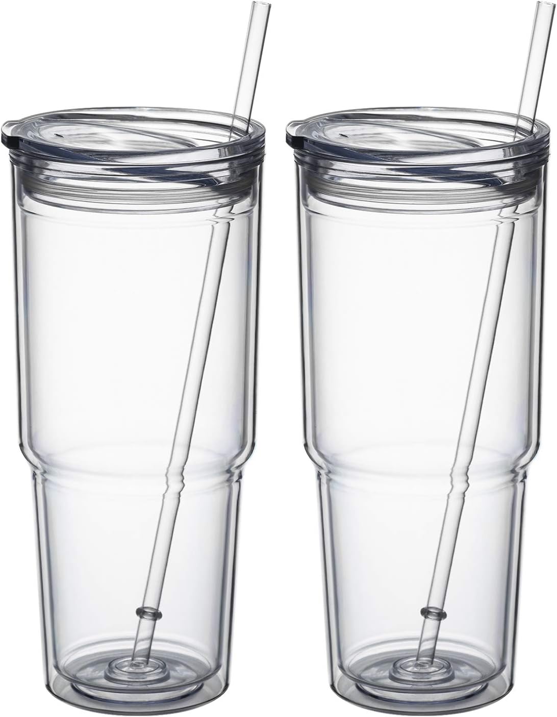 MEWAY 30oz/2 pcs Classic Insulated Tumblers,Double Wall Acrylic Tumbler with Lid，Reusable Plastic Insulated Tumblers with Straw，for cold drinks, sand ice, whatever you like(transparent,2 pack)