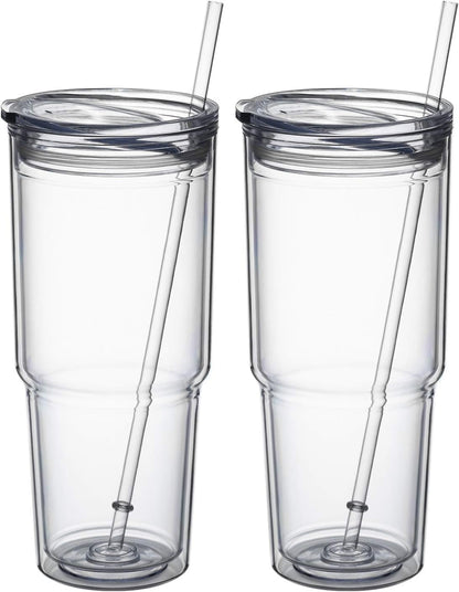 MEWAY 30oz/2 pcs Classic Insulated Tumblers,Double Wall Acrylic Tumbler with Lid，Reusable Plastic Insulated Tumblers with Straw，for cold drinks, sand ice, whatever you like(transparent,2 pack)