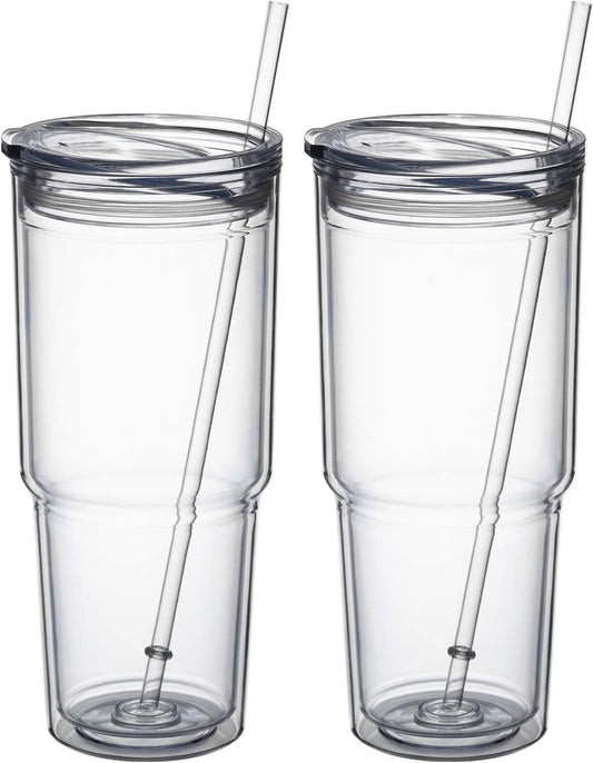 MEWAY 30oz/2 pcs Classic Insulated Tumblers,Double Wall Acrylic Tumbler with Lid，Reusable Plastic Insulated Tumblers with Straw，for cold drinks, sand ice, whatever you like(transparent,2 pack)