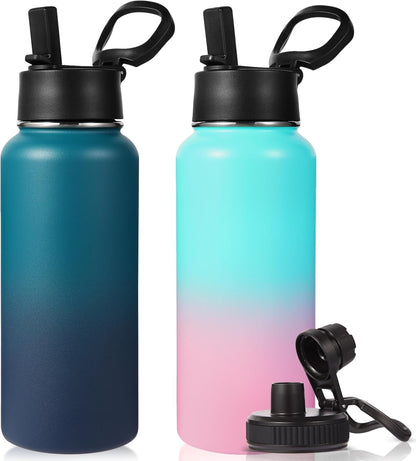 Neihepal 32 oz Insulated Water Bottle with 2 Lids (Straw & Spout Lid), 18/8 Stainless Steel Double Wall Water Bottles for Gym, Travel, Camping, Sports (Silver,1 Pack)