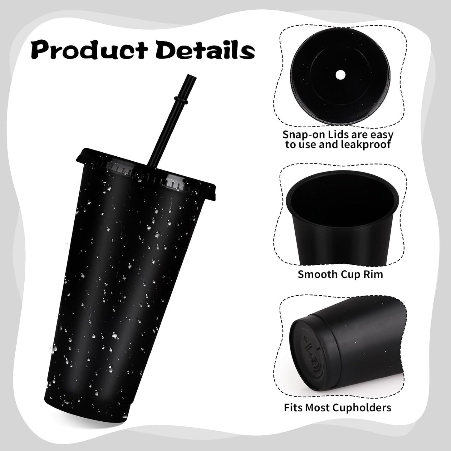 Hxezoc 16-Piece Reusable Cups with Lids and Straws, 24 oz Glitter Plastic Tumbler Iced Coffee Cups Travel Mug Cup for Smoothie Juices Beach or Bachelor Party (Black)