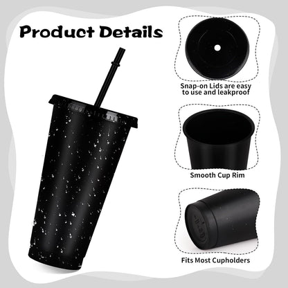 Hxezoc 16-Piece Reusable Cups with Lids and Straws, 24 oz Glitter Plastic Tumbler Iced Coffee Cups Travel Mug Cup for Smoothie Juices Beach or Bachelor Party (Black)