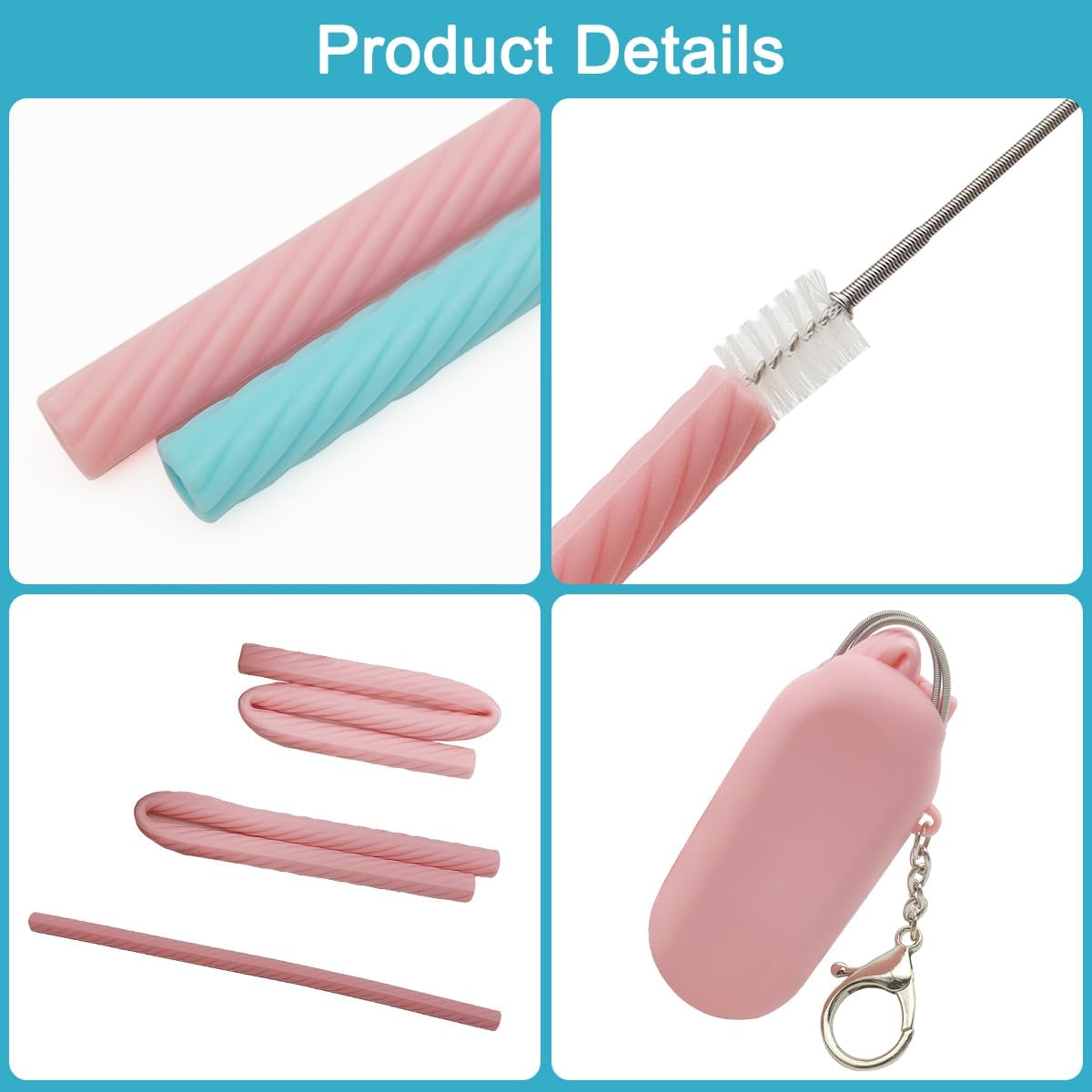 2 Set Silicone Straws with Case, Reusable Travel Straw Cruise Ship Essentials, Foldable Portable Straw + Deep Cleaning Brush + Carry Case with Keychain, for Travel & Party Cold or Hot (Pink & Blue)