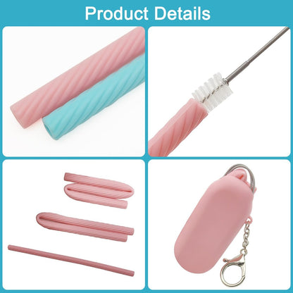 2 Set Silicone Straws with Case, Reusable Travel Straw Cruise Ship Essentials, Foldable Portable Straw + Deep Cleaning Brush + Carry Case with Keychain, for Travel & Party Cold or Hot (Pink & Blue)