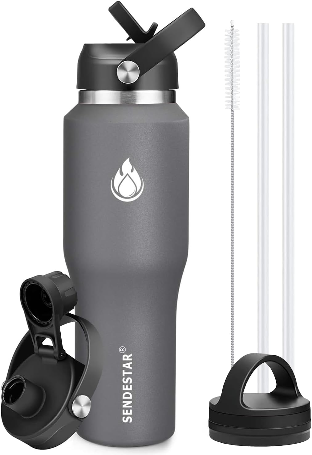 SENDESTAR 40oz Water Bottle Wide Mouth Stainless Steel Vacuum Insulated Double Wall with Straw Lids Fit in Any Car Cup Holder