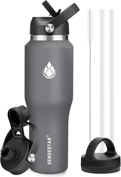 SENDESTAR 40oz Water Bottle Wide Mouth Stainless Steel Vacuum Insulated Double Wall with Straw Lids Fit in Any Car Cup Holder