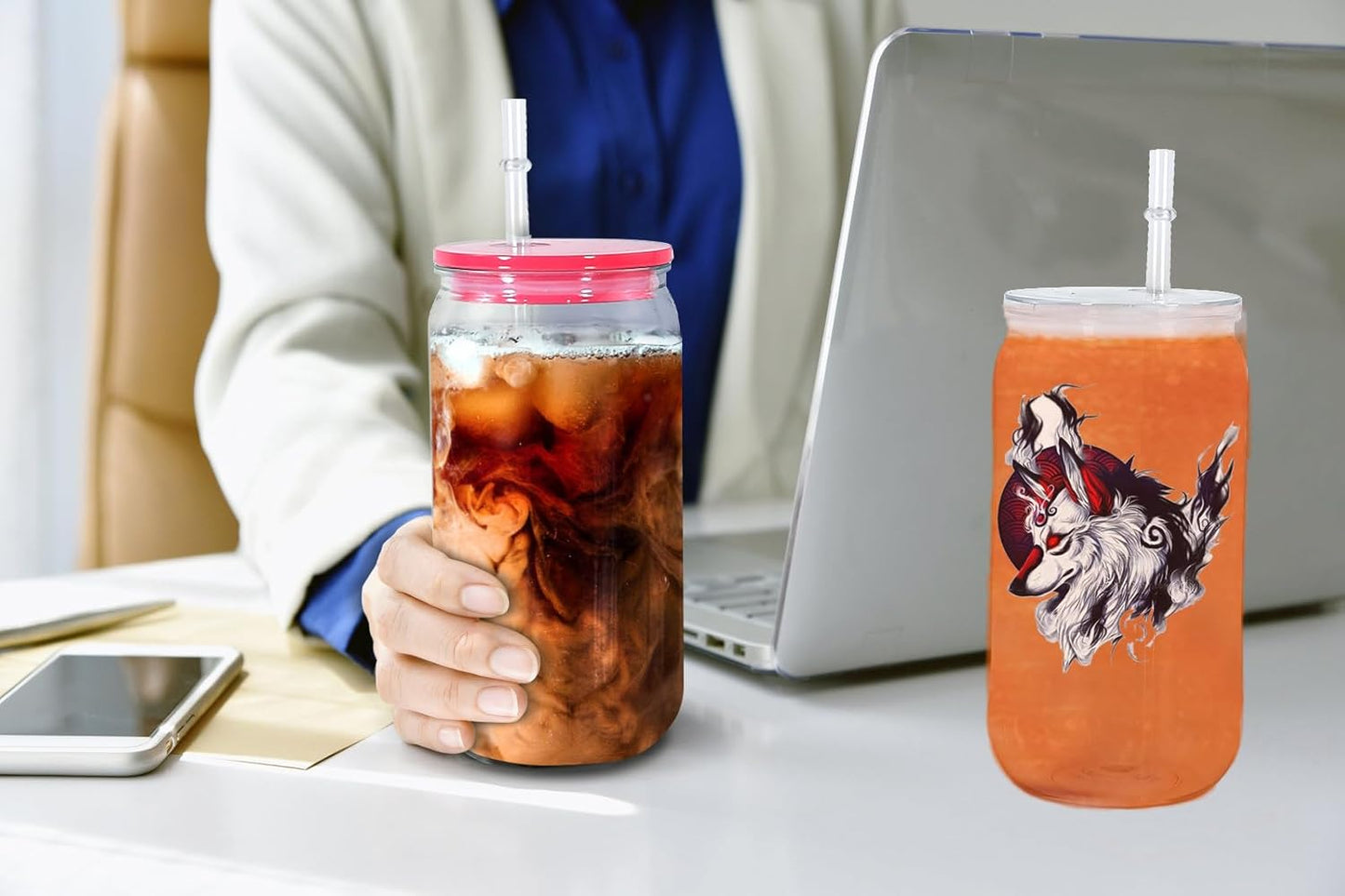 16oz Plastic Mason Jars, 6Pack Clear Mason Drinking Acrylic Cups with Lids and Stainless Steel Straws Iced Coffee Cups Shatterproof Unbreakable Tumblers for Smoothies, Beer, Coffee, Milk Tea, Colored