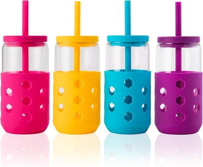 Mrsdry Glass Cups with Lids and Straws (4 Pcs), 16oz Drinking Glasses Set with Silicone Sleeves for Coffee Bar Accessories Iced Coffee Cups with Lids, Glass Tumbler Reusable for Gifts