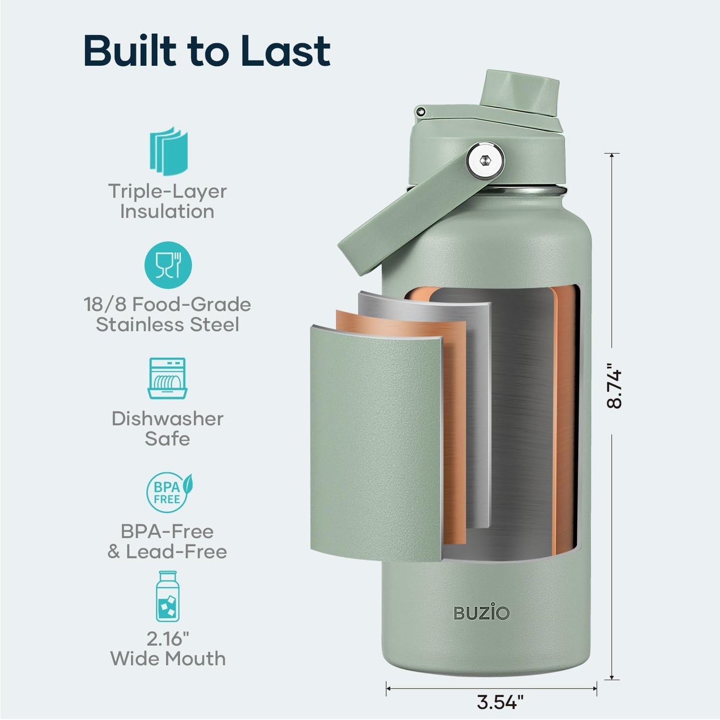 BUZIO 40oz Insulated Water Bottle, Triple Wall Vacuum Stainless Steel Water Flask with 2 lids, Lead-Free BPA-Free Straw Lid Sports Canteen Jug, Cold 48H & Hot 24H- Black - Colors A