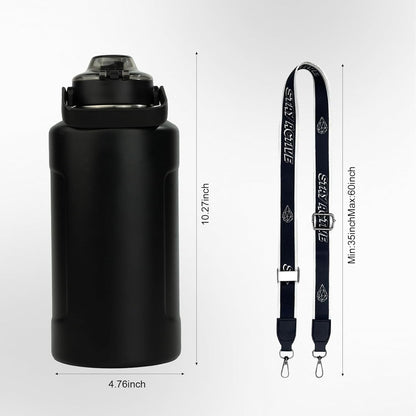 64oz Half Gallon Fruit Infuser Insulated Stainless Steel Water Bottle Jug, 48H Cold & 24H Hot, Large Capacity for Travel Hiking Mountain Climbing Black