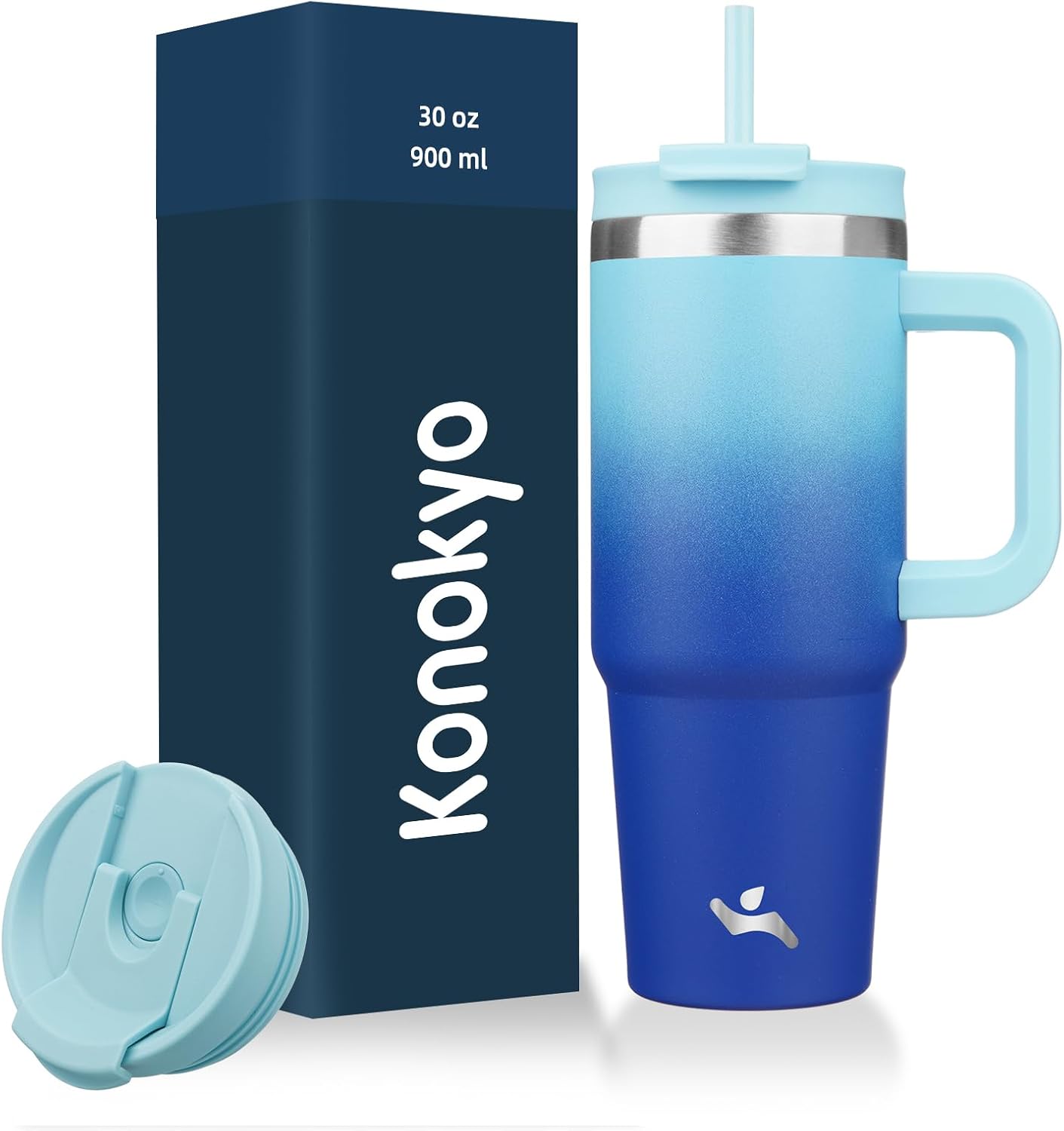 Konokyo 30 oz Tumbler with Handle and 2 Straws,2 in 1 Lid Insulated Water Bottle Stainless Steel Travel Coffee Mug,Sky