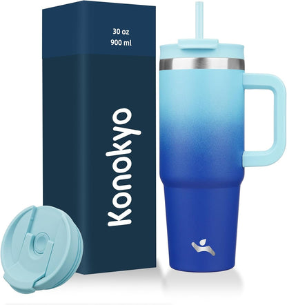 Konokyo 30 oz Tumbler with Handle and 2 Straws,2 in 1 Lid Insulated Water Bottle Stainless Steel Travel Coffee Mug,Sky