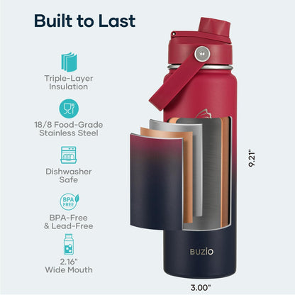 BUZIO 40oz Insulated Water Bottle, Triple Wall Vacuum Stainless Steel Water Flask with 2 lids, Lead-Free BPA-Free Straw Lid Sports Canteen Jug, Cold 48H & Hot 24H- Black - Colors B