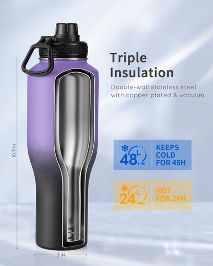 Trebo 40 oz Water Bottle Insulated Fit Car Cup Holder with Handle, Stainless Steel Water Bottles Tumbler with Spout Straw Lids, Double Wall Travel Reusable Flask, Leakproof Mug,Keep Cold &Hot,Black