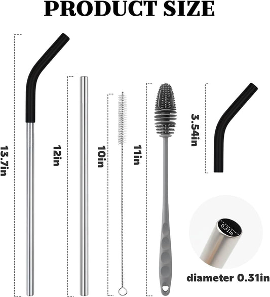 Replacement Straws for 40oz Stanley Tumblers,4 Pack Metal Straws Reusable Compatible with 40oz Cup,12" Extra Long Stainless Steel Straw with Silicone Tips,Cleaner Brush and Tumbler Brush