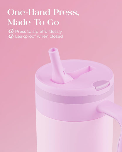 40 oz Insulated Tumbler with Handle and Push-Button Straw Lid, Stainless Steel Travel Cup for Gym Office, Leakproof, BPA-Free, Cup Holder Friendly, Bow Silicone Boot, Purple (Light Lilac)