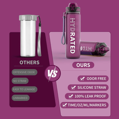 QLUR Water Bottle with Straw, 32oz Motivational Water Bottles with Time Marker to Drink, Tritan BPA Free, 1L Sports Water Bottle with Carry Strap LeakProof for Women Gym Fitness Outdoor (1 Pack)