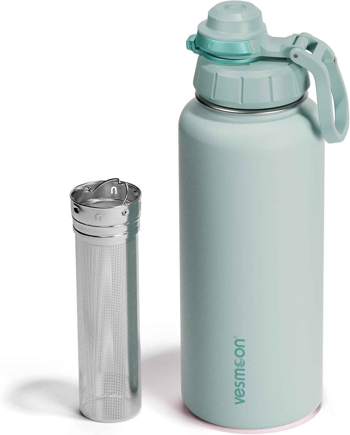Vesmoon Vessence 24 Oz Stainless Steel Tea Infuser Bottle for Loose Leaf Tea, Water, Herbs, Fruits - Triple Layered Insulated, Leak Proof Bottle with Lid and Clip Handle - 24 Hours Hot/Cold