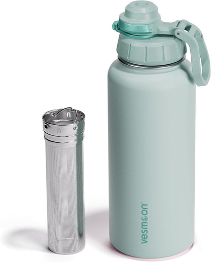 Vesmoon Vessence 24 Oz Stainless Steel Tea Infuser Bottle for Loose Leaf Tea, Water, Herbs, Fruits - Triple Layered Insulated, Leak Proof Bottle with Lid and Clip Handle - 24 Hours Hot/Cold