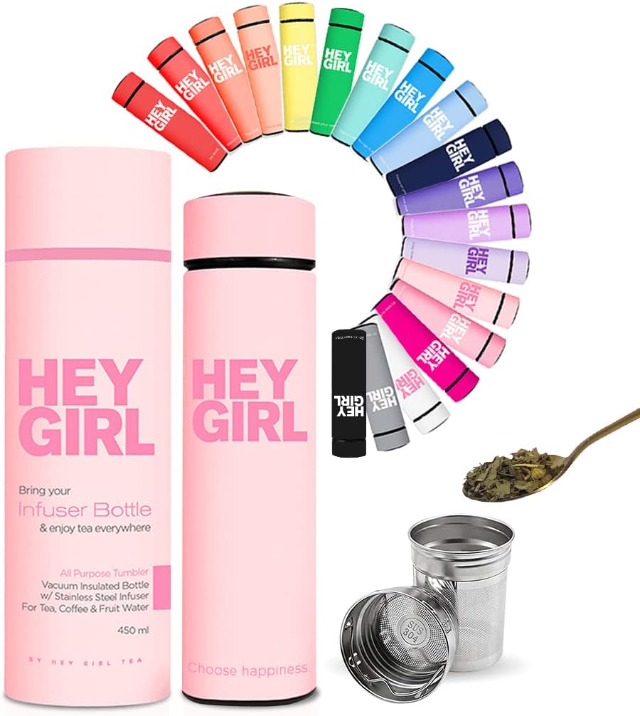 Hey Girl Tea Infuser Bottle 450ml - Insulated Stainless Steel Water Bottle - Tea Tumbler with Tea Diffuser - Portable Travel Mug for Loose Leaf Tea & Infused Water - Tea Lovers Gifts for Women (Pink)