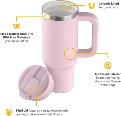 RTIC 30 oz Road Trip Tumbler Double-Walled Ceramic Lined InsulatedStainless Steel Portable Travel Coffee Mug Cup with Lid, Handle and Straw, Periwinkle Bouquet