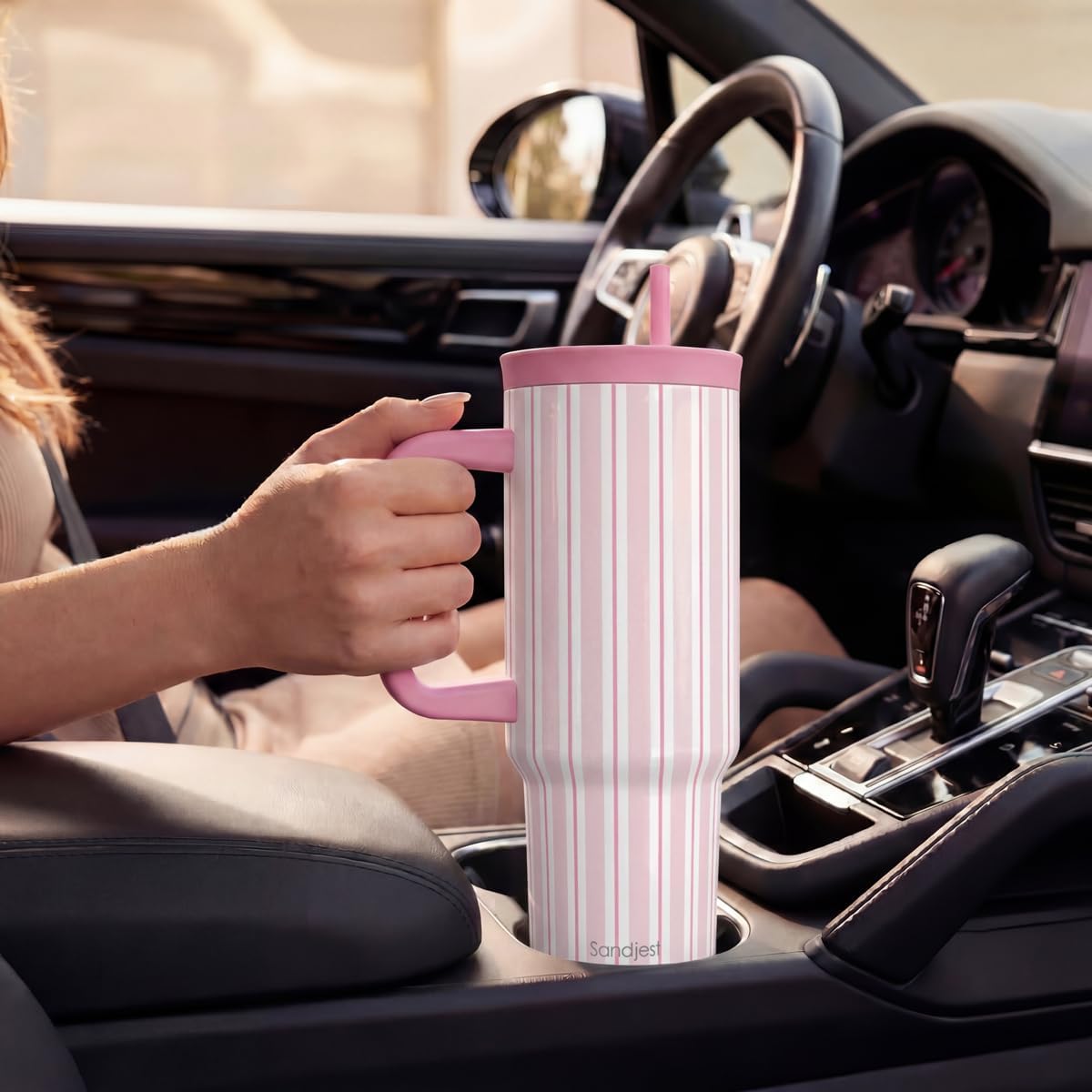 SANDJEST Pickleball Stainless Steel Locking Lid Silicone Straw Tumbler with Handle 40oz, Insulated Stainless Steel Travel Cup for Women Girls Friends Players, Gift Idea for Birthday Christmas