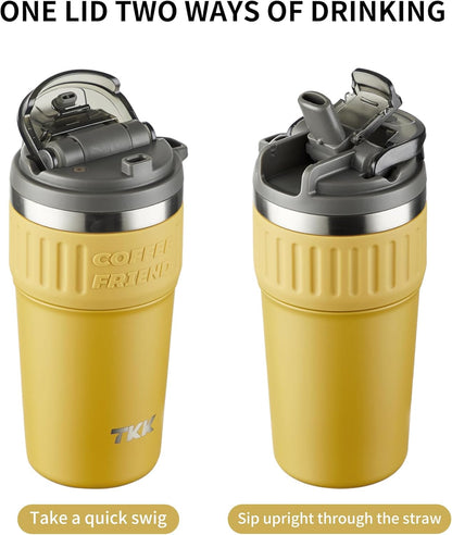 TKK Insulated Coffee Mug with Ceramic Coating, 21oz Iced Coffee Tumbler Cup with Straw Lid Double Wall Vacuum Leak Proof Travel Mug with Strap for Hot and Iced Beverage, Tungsten Steel