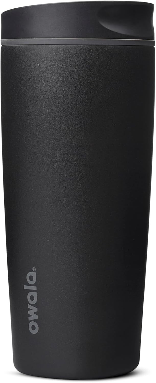 Owala SmoothSip Slider Ceramic-Lined Insulated Stainless Steel Coffee Tumbler, No Metallic Taste Reusable Travel Mug, Hot Iced Coffee Cup, BPA Free 20 oz, Very, Very Dark