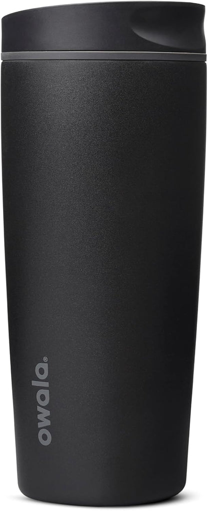 Owala SmoothSip Slider Ceramic-Lined Insulated Stainless Steel Coffee Tumbler, No Metallic Taste Reusable Travel Mug, Hot Iced Coffee Cup, BPA Free 20 oz, Very, Very Dark