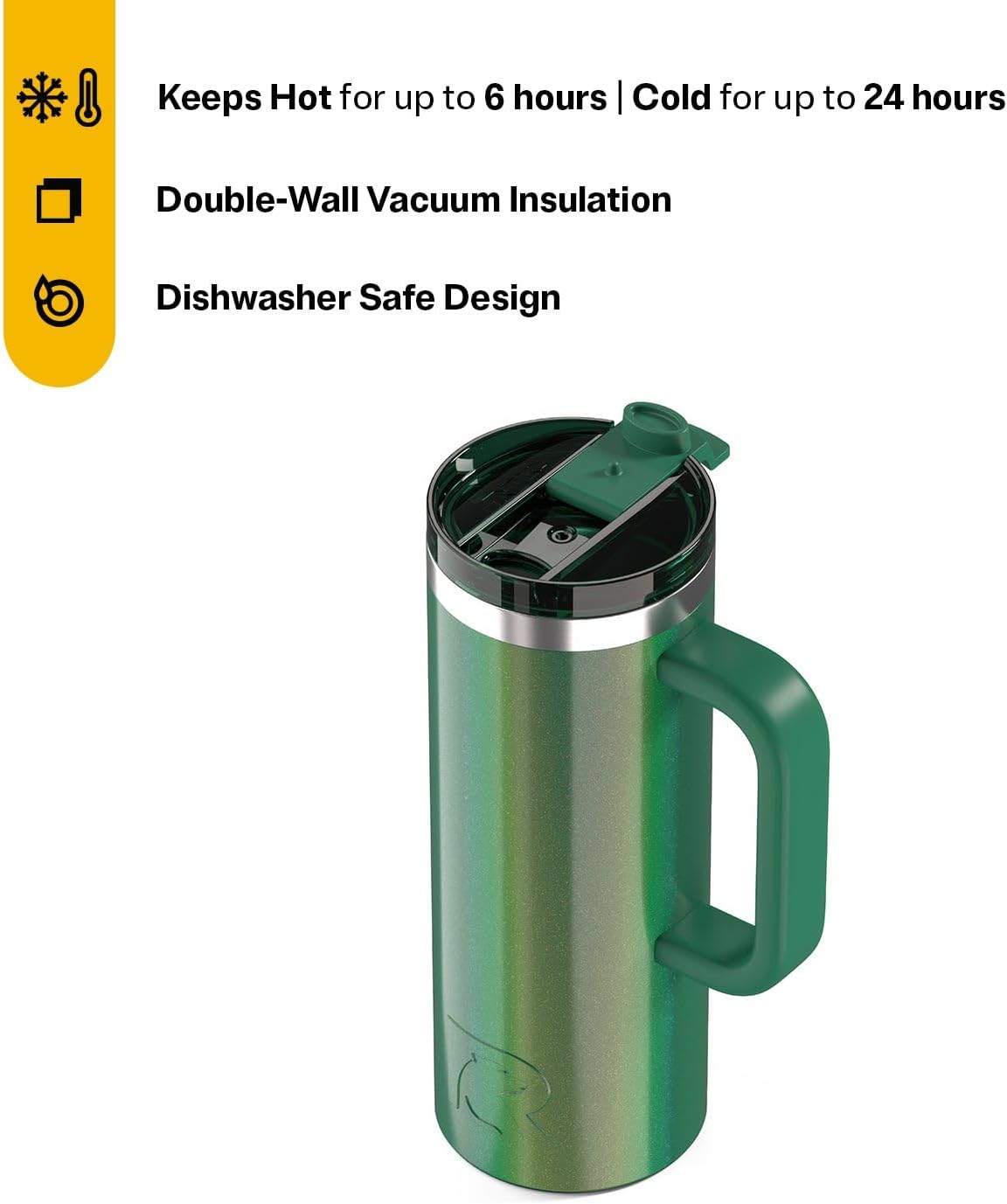 RTIC 20oz Road Trip Travel Mug with Lid and Handle, Ceramic Lined, Insulated, Stainless Steel, Metal, Double Wall Vacuum-Insulation, Portable Coffee, Tea Cup for Hot and Cold Drink, Black