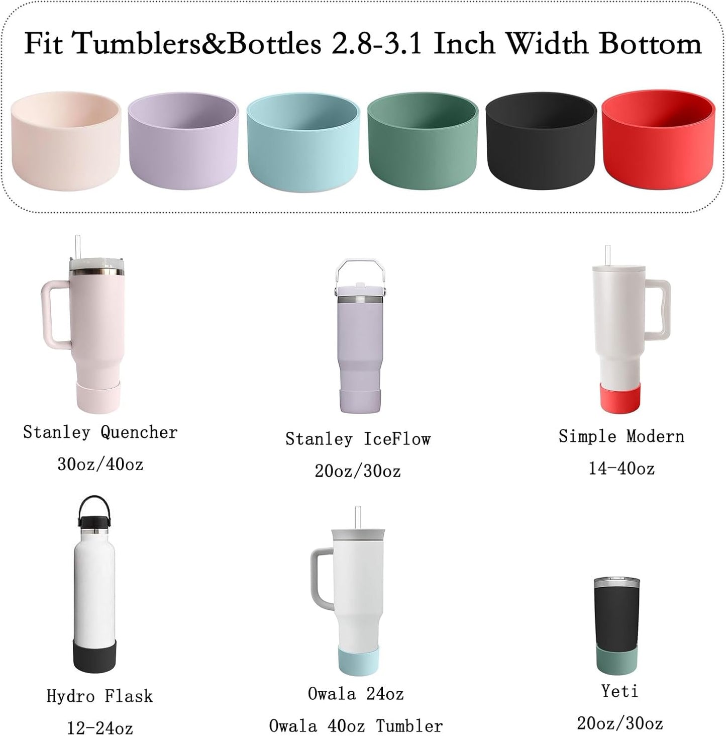 6Pcs Silicone Cup Boots for Water Bottle Fits Stanley/Hydro Flask/Simple Modern/Yeti/Owala, 2.8-3.1in Width Bottom Protector Cover Sleeve (6 Colors)