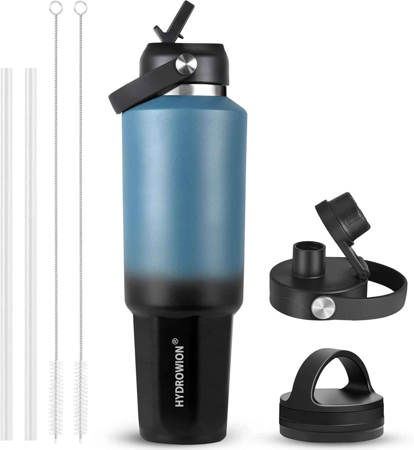 HYDROWION 32oz Stainless Steel Water Bottle(Cold for 48 Hrs, Hot for 24 Hrs),Double Wall Vacuum Insulated Water Bottle with Straw Lid, Spout Lid and Flex Cap, Fit in Any Car Cup Holder,Black