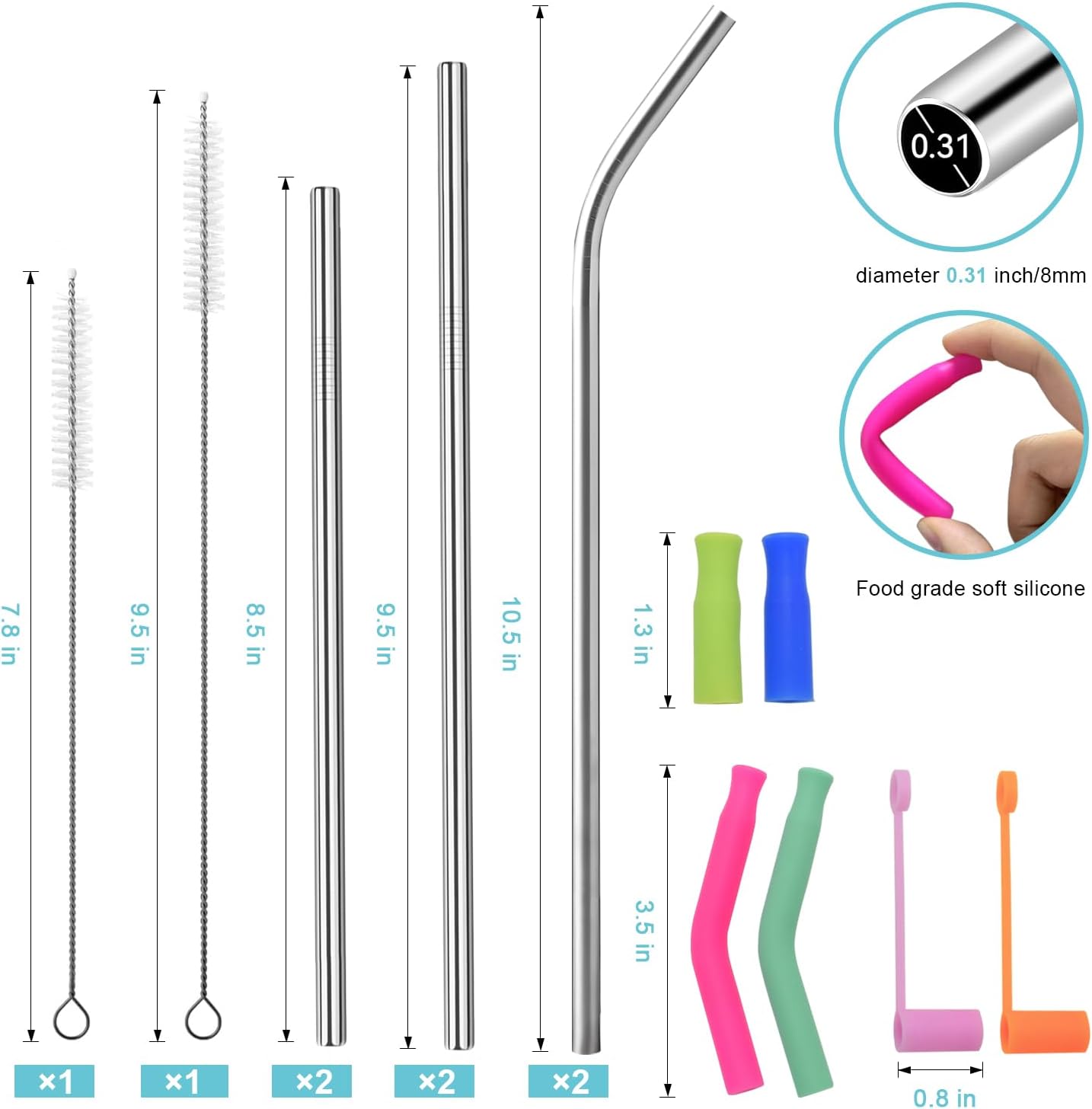 Reusable Stainless Steel Straws Set 6 PCS with 6 Silicone Tips, 2 Straw Brush, 1 Storage Case, Different Sizes of Metal Straws Reusable, Suitable for 14, 20, 30 oz Cups Tumbler, for Hot/Cold Drinks