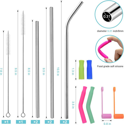 Reusable Stainless Steel Straws Set 6 PCS with 6 Silicone Tips, 2 Straw Brush, 1 Storage Case, Different Sizes of Metal Straws Reusable, Suitable for 14, 20, 30 oz Cups Tumbler, for Hot/Cold Drinks