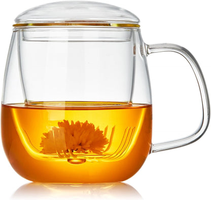 DOPUDO Glass Tea Cup with Infuser and Lid, 17.6oz/520ml Large Borosilicate Teacup,Tea Glass, Clear Mug for Loose Leaf Tea, Blooming Tea, Microwave & Dishwasher Safe - Tea Maker Gift for Birthday.