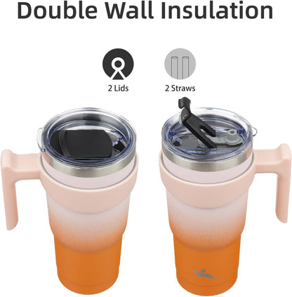 Konokyo 20 oz Tumbler with Handle and 2 Straw 2 Lid, Insulated Water Bottle Stainless Steel Vacuum Cup Reusable Travel Mug,Black