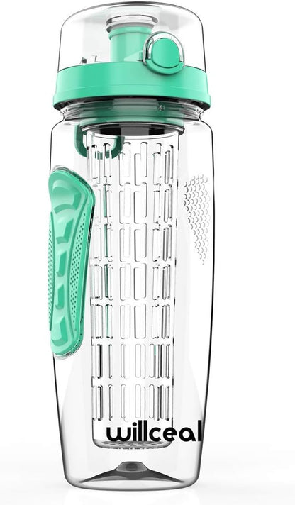 Fruit Infuser Water Bottle 32oz- Durable, Large - BPA Free Tritan, Flip Lid, Leak Proof Design - Sports, Camping