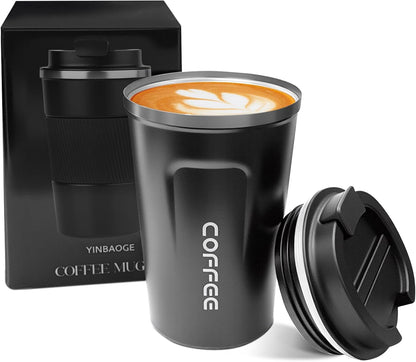YINBAOGE Insulated Travel Coffee Mug, Spill & Leak Proof, Portable To Go Camping Stainless Steel Coffee Tumbler, Reusable Thermal Coffee Cup with Lid for Hot & Cold Drinks (Black, 12 OZ)