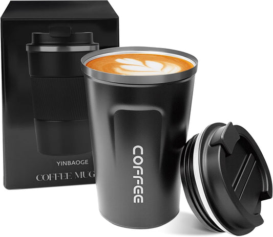 YINBAOGE Insulated Travel Coffee Mug, Spill & Leak Proof, Portable To Go Camping Stainless Steel Coffee Tumbler, Reusable Thermal Coffee Cup with Lid for Hot & Cold Drinks (Black, 12 OZ)