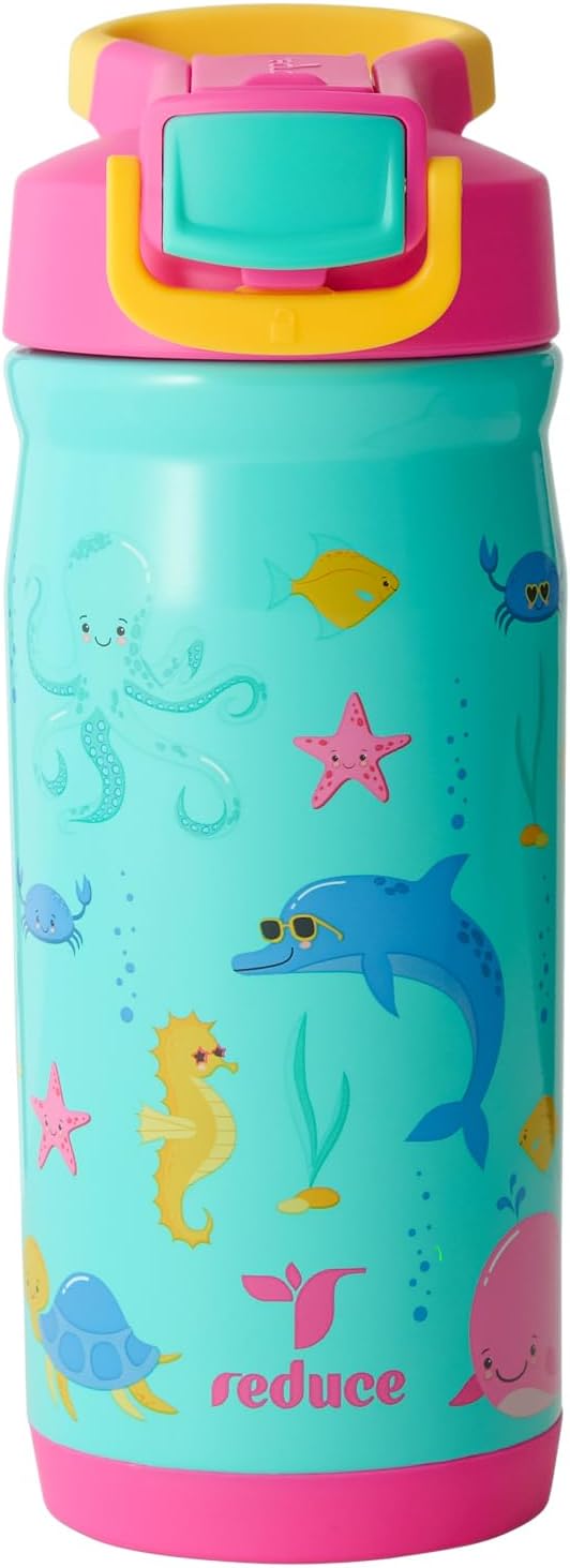 Reduce Hydrate Pro Kids 14oz Stainless Steel Insulated Water Bottle w/Straw – Spill Proof Tumbler for Kids – 30 Hour Cold Retention – Dishwasher Safe Leak-Proof Design - Abstract Flowers