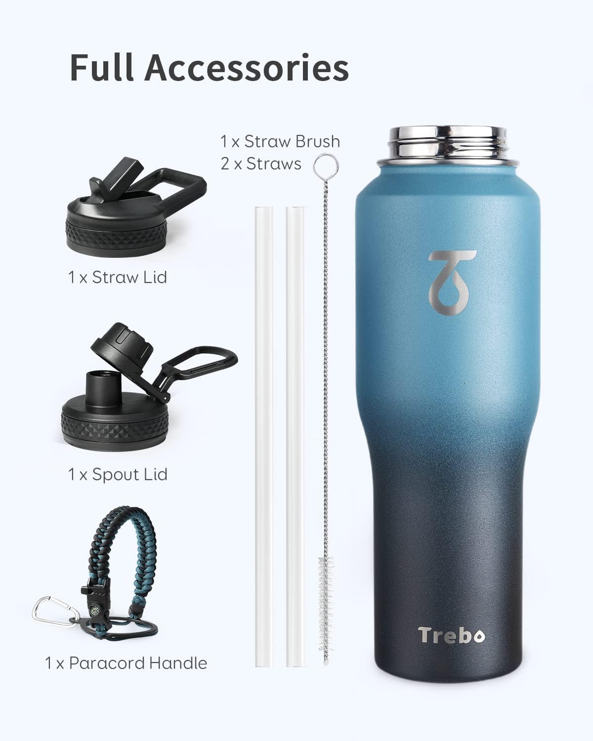 Trebo 40 oz Water Bottle Insulated Fit Car Cup Holder with Handle, Stainless Steel Water Bottles Tumbler with Spout Straw Lids, Double Wall Travel Reusable Flask, Leakproof Mug,Keep Cold &Hot,Black