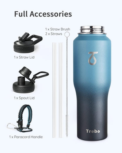Trebo 40 oz Water Bottle Insulated Fit Car Cup Holder with Handle, Stainless Steel Water Bottles Tumbler with Spout Straw Lids, Double Wall Travel Reusable Flask, Leakproof Mug,Keep Cold &Hot,Black