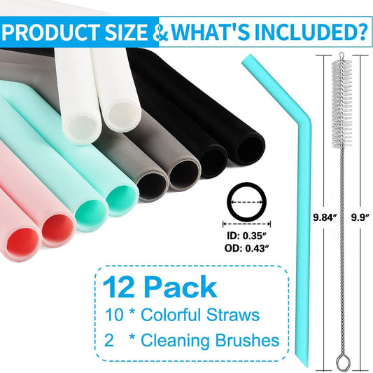 Set of 10 Large Reusable Silicone Straws Pink Thick Smoothie Silicone Drinking Straws with Cleaning Brushes- Extra Long Flexible -For 20oz 30oz and 40oz Tumblers BPA Free Non Rubber