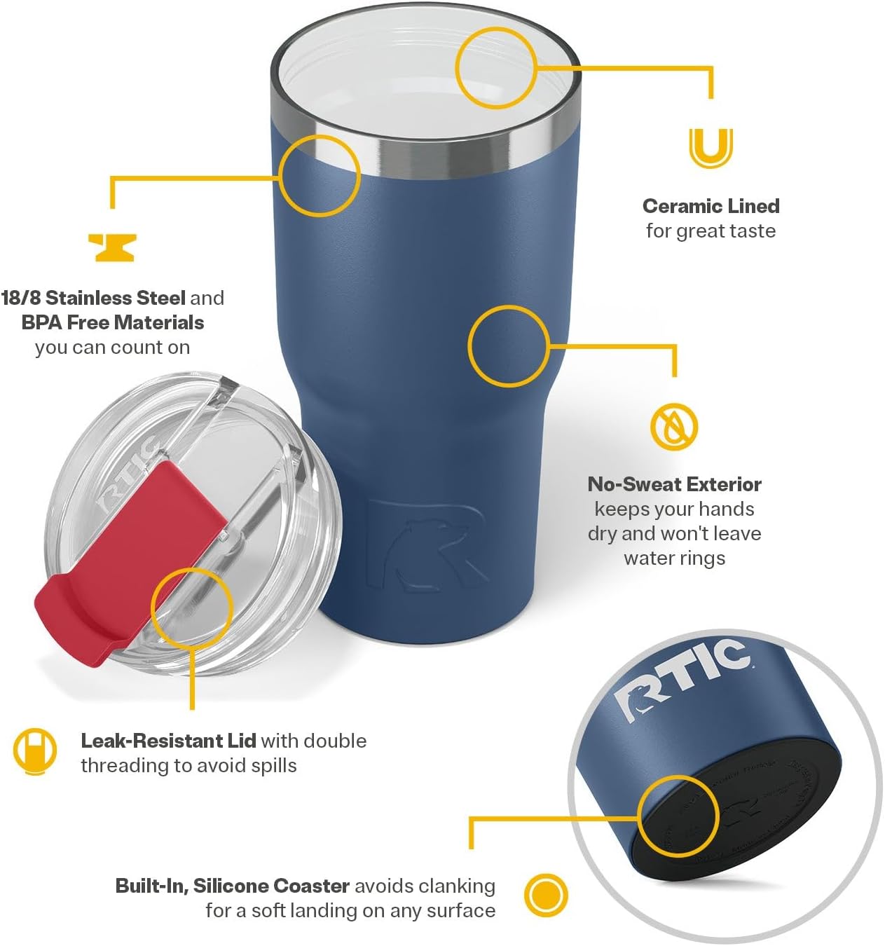 RTIC 20oz Essential Tumbler with Lid, Ceramic Lined, Insulated, Stainless Steel, Metal, Double Wall Vacuum-Insulation, Travel Cup for Iced Coffee, Tea, Hot and Cold Drink, Graphite
