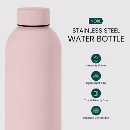 NOBL Stainless Steel Water Bottle,17 oz, 500 ml, Double Wall Vacuum Insulation, Sealed Bottle Keeps Drinks Cold 24 Hrs & Hot 12 Hrs, Leak Proof, Fits Noble Carry-On Cup Holder - Sand