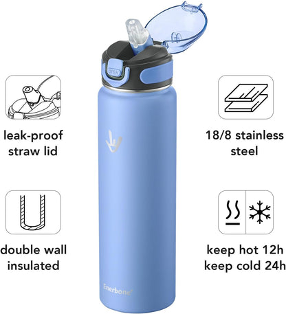 Enerbone 24 oz Insulated Water Bottle, Stainless Steel Bottle with Carrying Strap, Double-Wall Vacuum Insulation Design, Leakproof Sports Bottle with Straw, Keep Drinks Cold or Hot for Hours