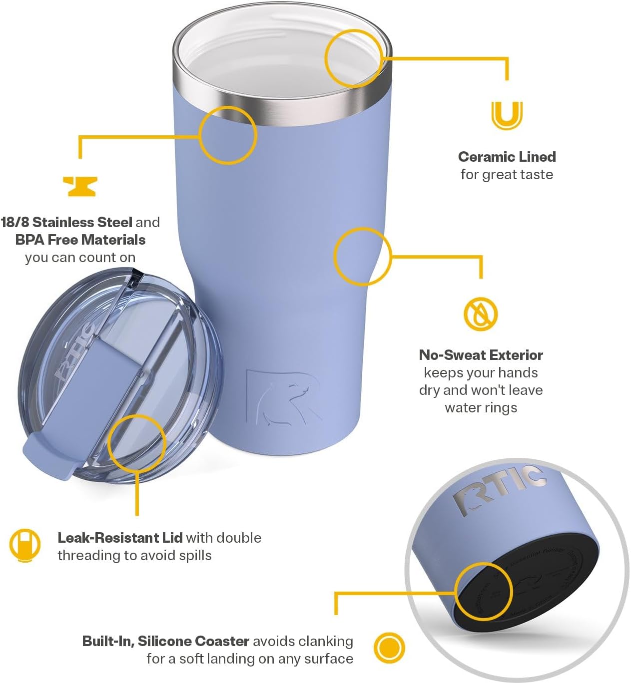 RTIC 20oz Essential Tumbler with Lid, Ceramic Lined, Insulated, Stainless Steel, Metal, Double Wall Vacuum-Insulation, Travel Cup for Iced Coffee, Tea, Hot and Cold Drink, Graphite