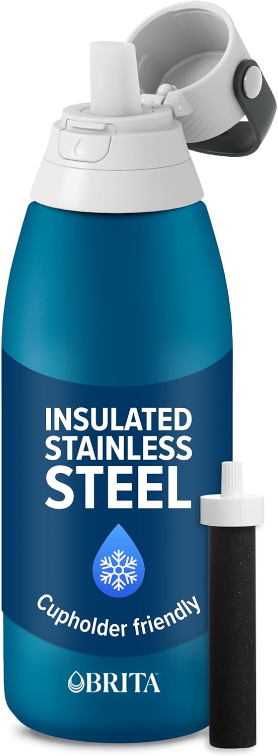 Brita Stainless Steel Premium Filtering Water Bottle, BPA-Free, Reusable, Insulated, Replaces 300 Plastic Water Bottles, Filter Lasts 2 Months or 40 Gallons, Includes 1 Filter, Marina - 32 oz