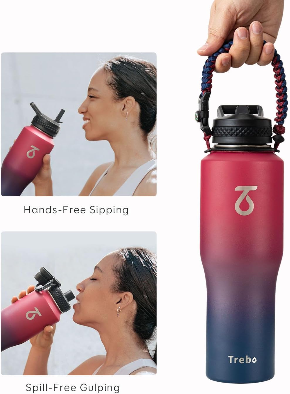 Trebo 40 oz Water Bottle Insulated Fit Car Cup Holder with Handle, Stainless Steel Water Bottles Tumbler with Spout Straw Lids, Double Wall Travel Reusable Flask, Leakproof Mug,Keep Cold &Hot,Black